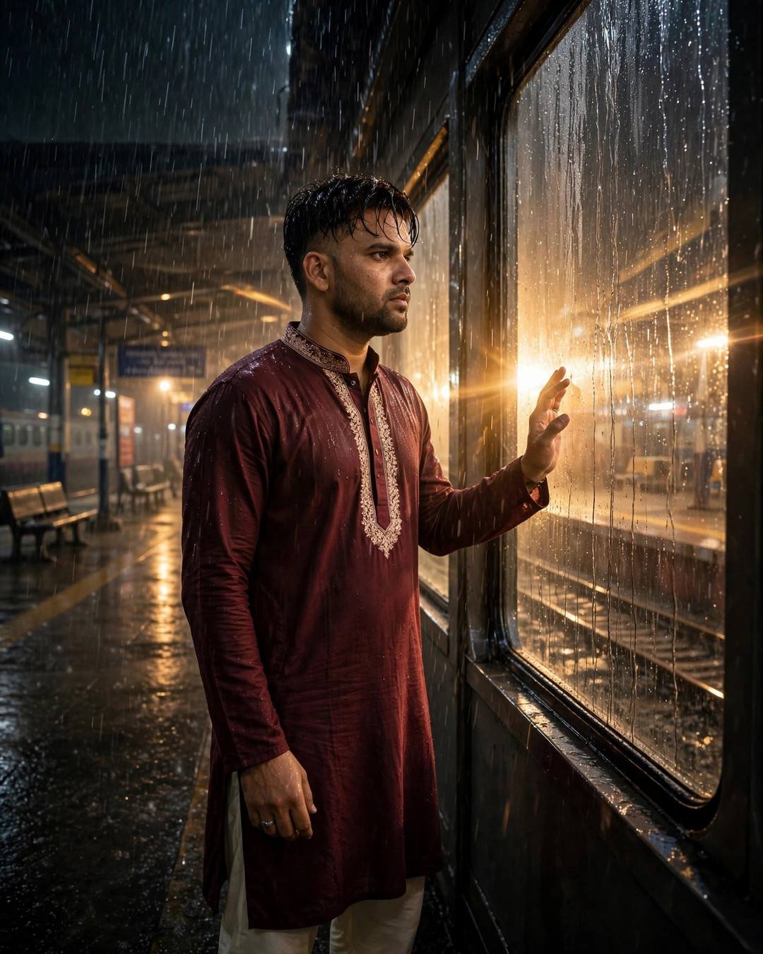 Young Indian man in maroon kurta touching a rain-streaked train window on a rainy platform at night