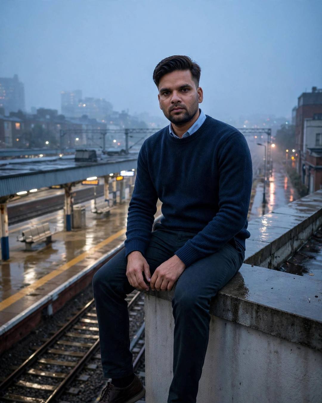 Young Indian man in navy sweater sitting on a platform parapet above empty tracks at dawn