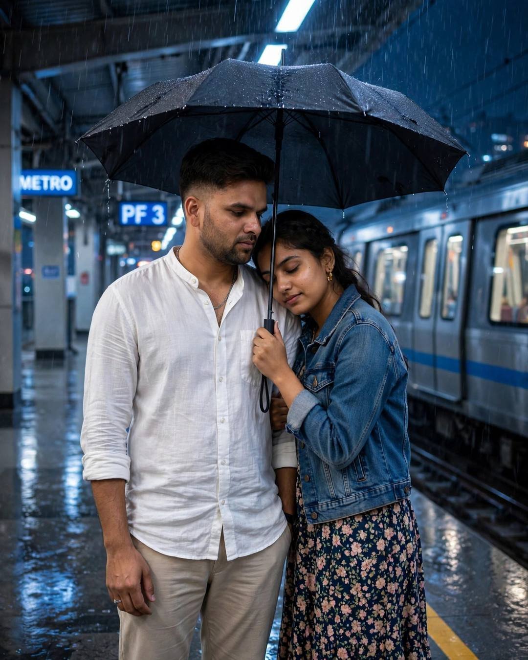 Young Indian couple under one black umbrella on a rainy metro platform at night, woman leaning on man's shoulder