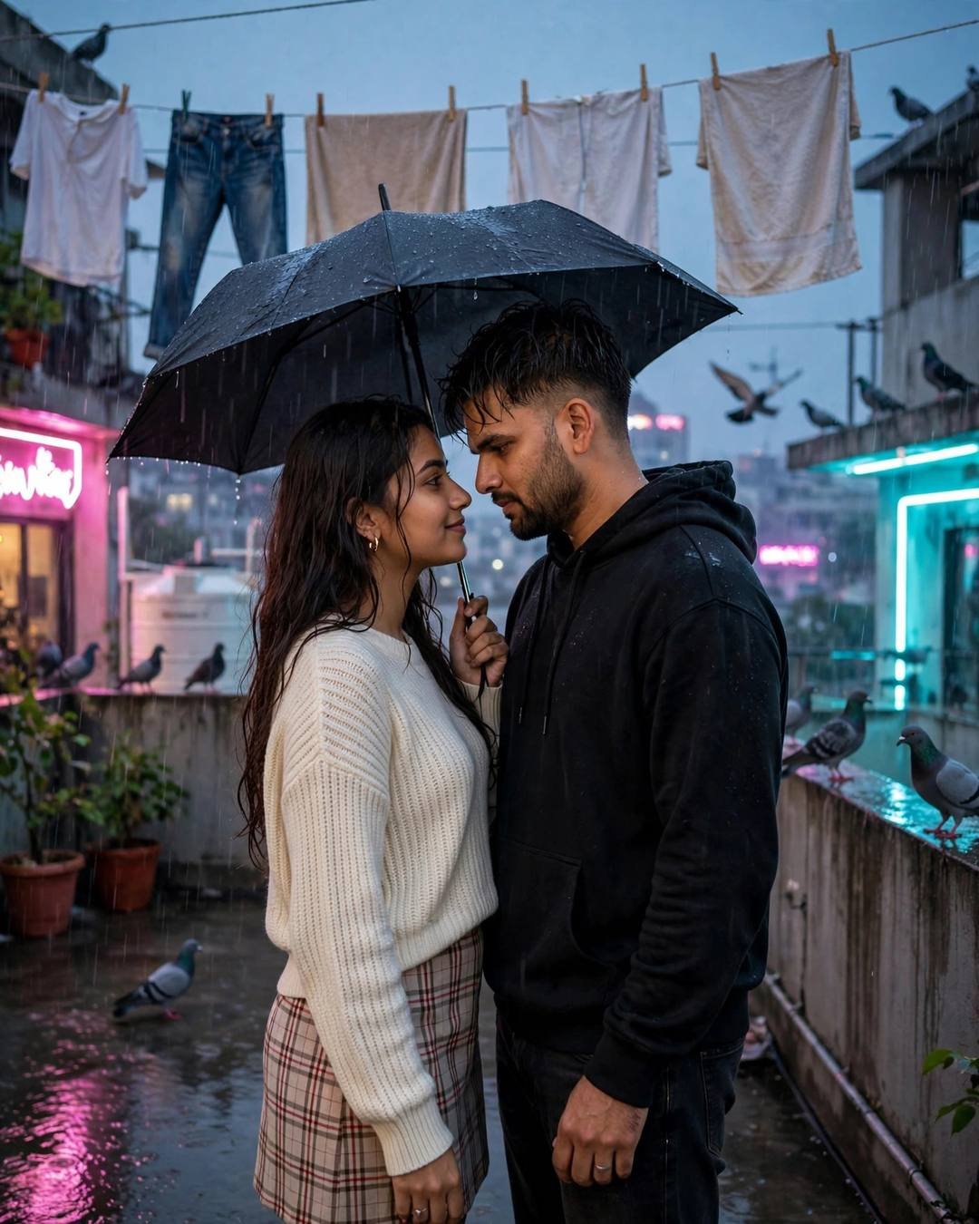 Young Indian couple under one umbrella on a rainy terrace at blue hour, foreheads almost touching, neon signs glowing
