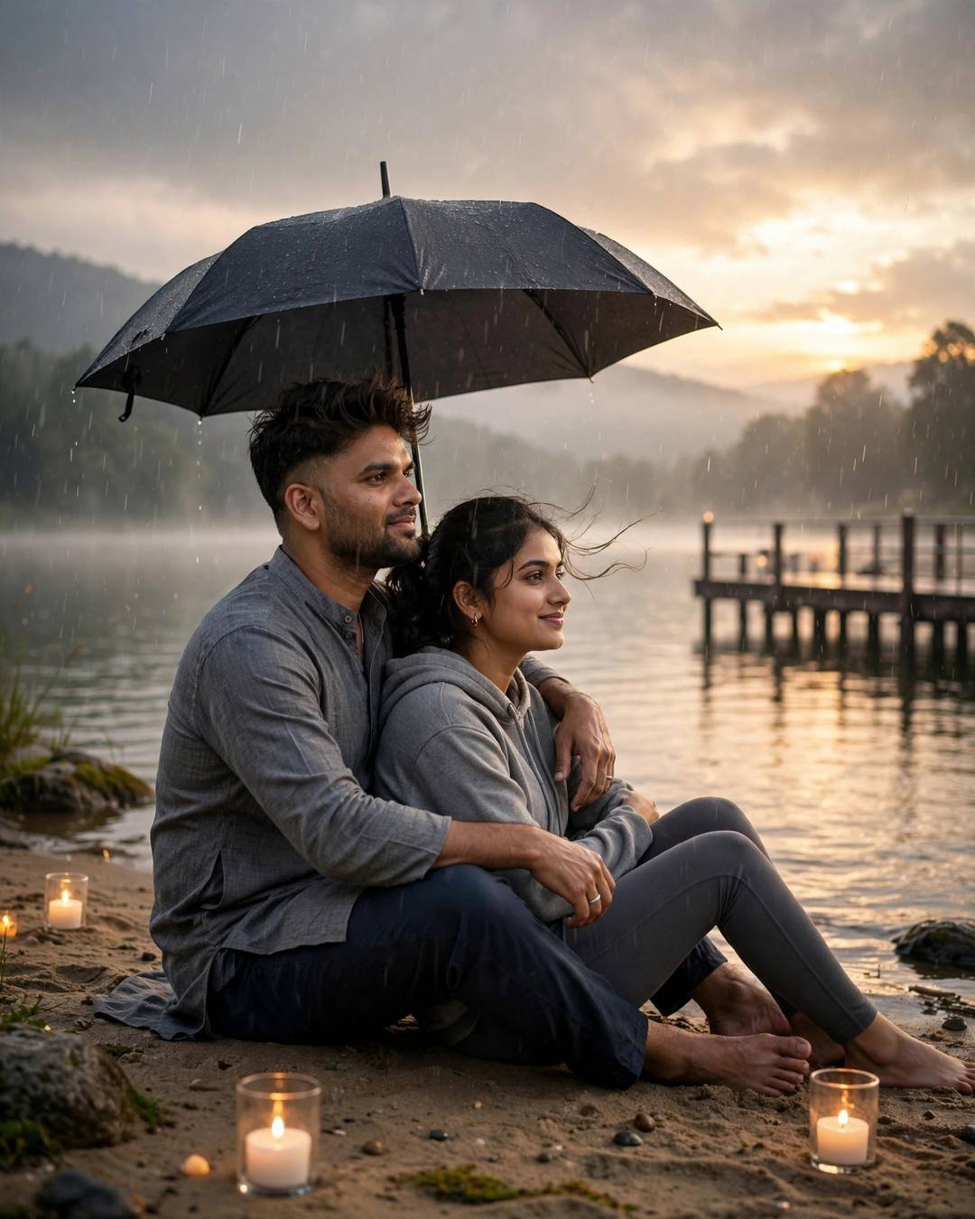 Young Indian couple sitting on sand under an umbrella at golden hour by a lake, candles glowing, man's arm around woman