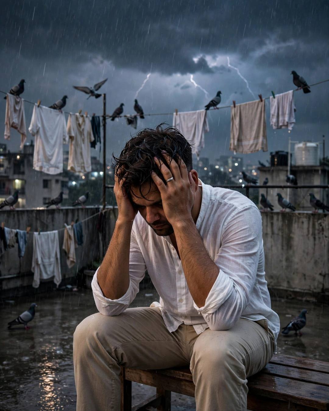 Young Indian man in white linen shirt sitting with head in hands on a rainy terrace bench, lightning in storm clouds behind