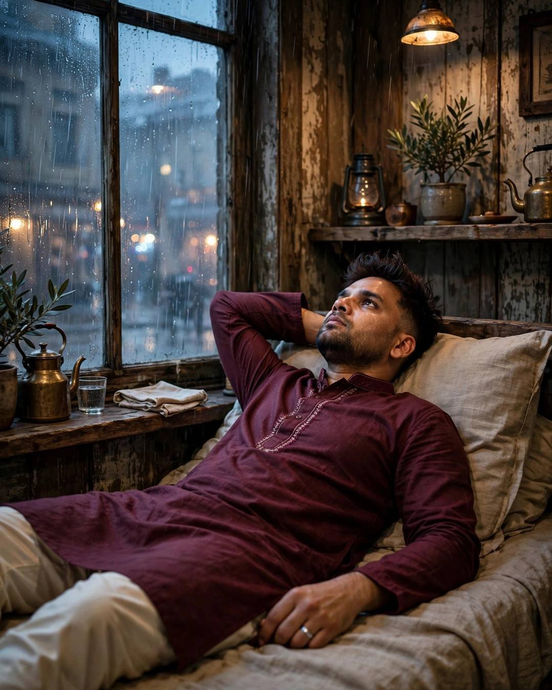 Young Indian man in maroon kurta reclining by a rain-streaked window in a rustic café, gazing at the blurred city lights