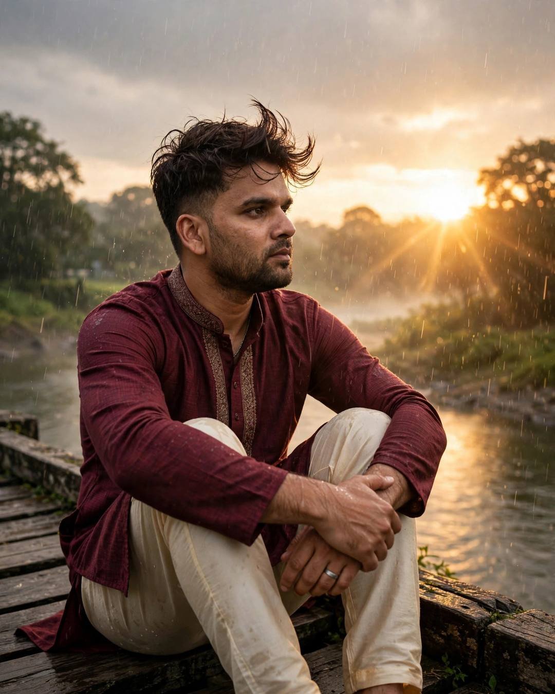 Young Indian man in maroon kurta sitting on a bridge over a river at golden hour in the rain, golden lens flare