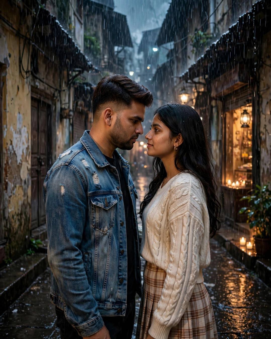 Couple face to face in a rainy old-city lane with peeling walls and candlelit shop, flower petals in the air, denim jacket, cream knit top
