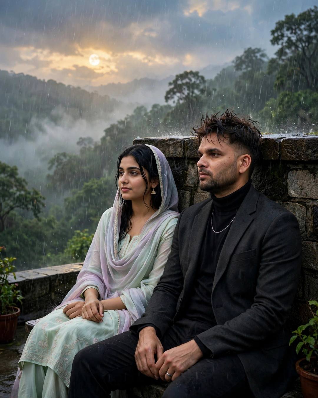 Couple having morning tea on a veranda overlooking misty monsoon hills, charcoal blazer, pastel salwar with dupatta, golden hour through rain