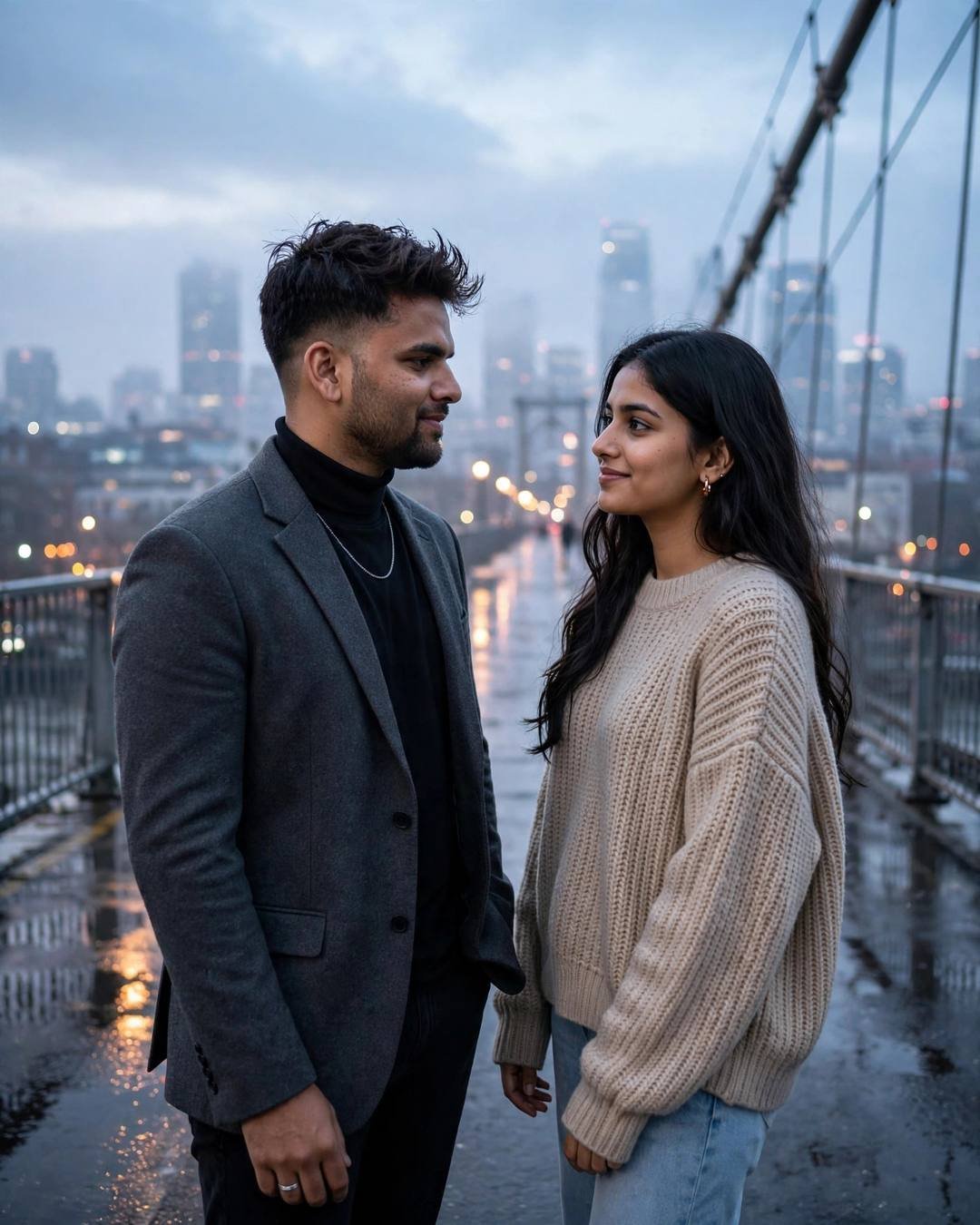 Couple on a rain-wet bridge at dawn facing each other, charcoal blazer, beige sweater, city waking behind them