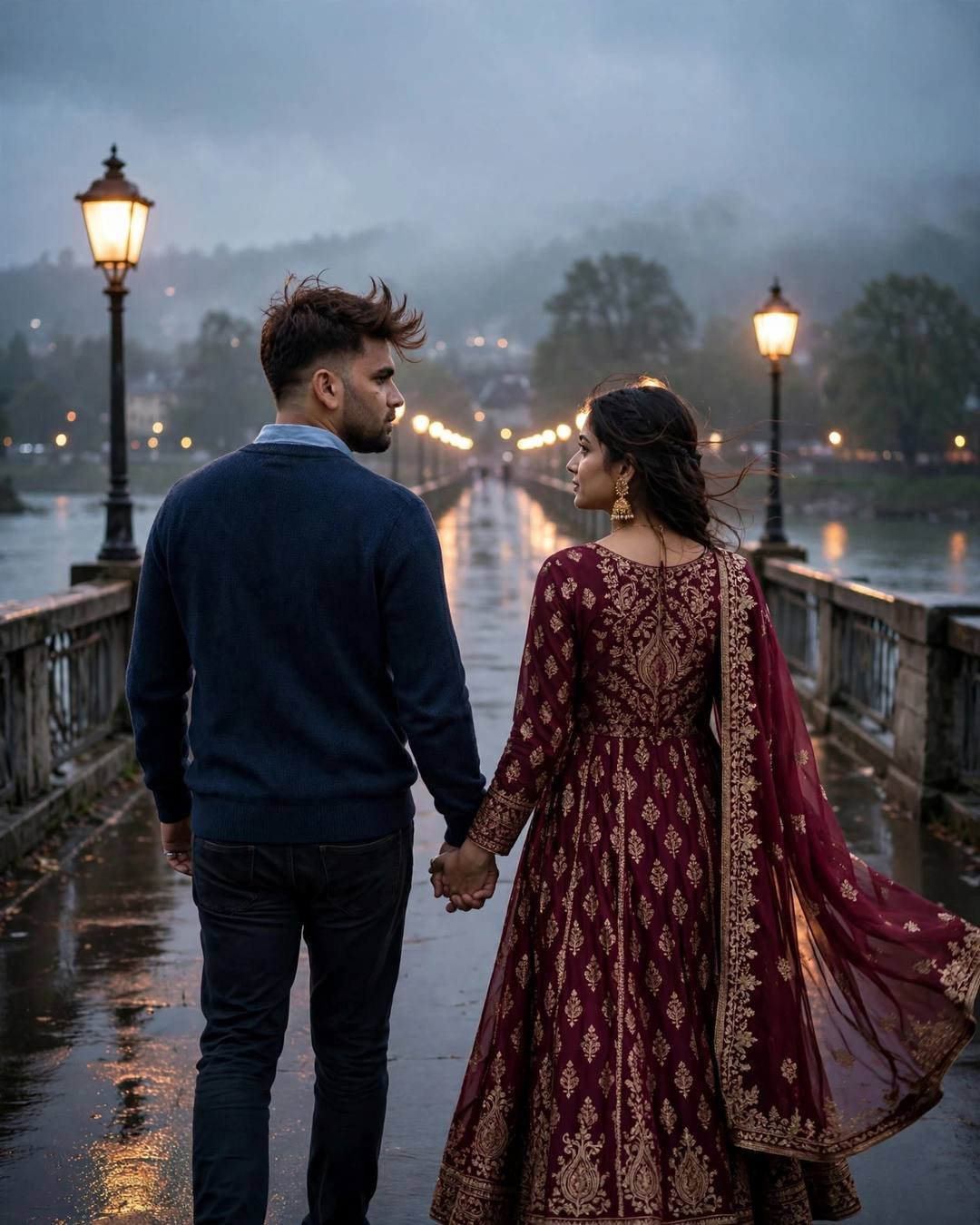 Young Indian couple walking hand in hand away across a lamp-lit bridge at blue hour, river below