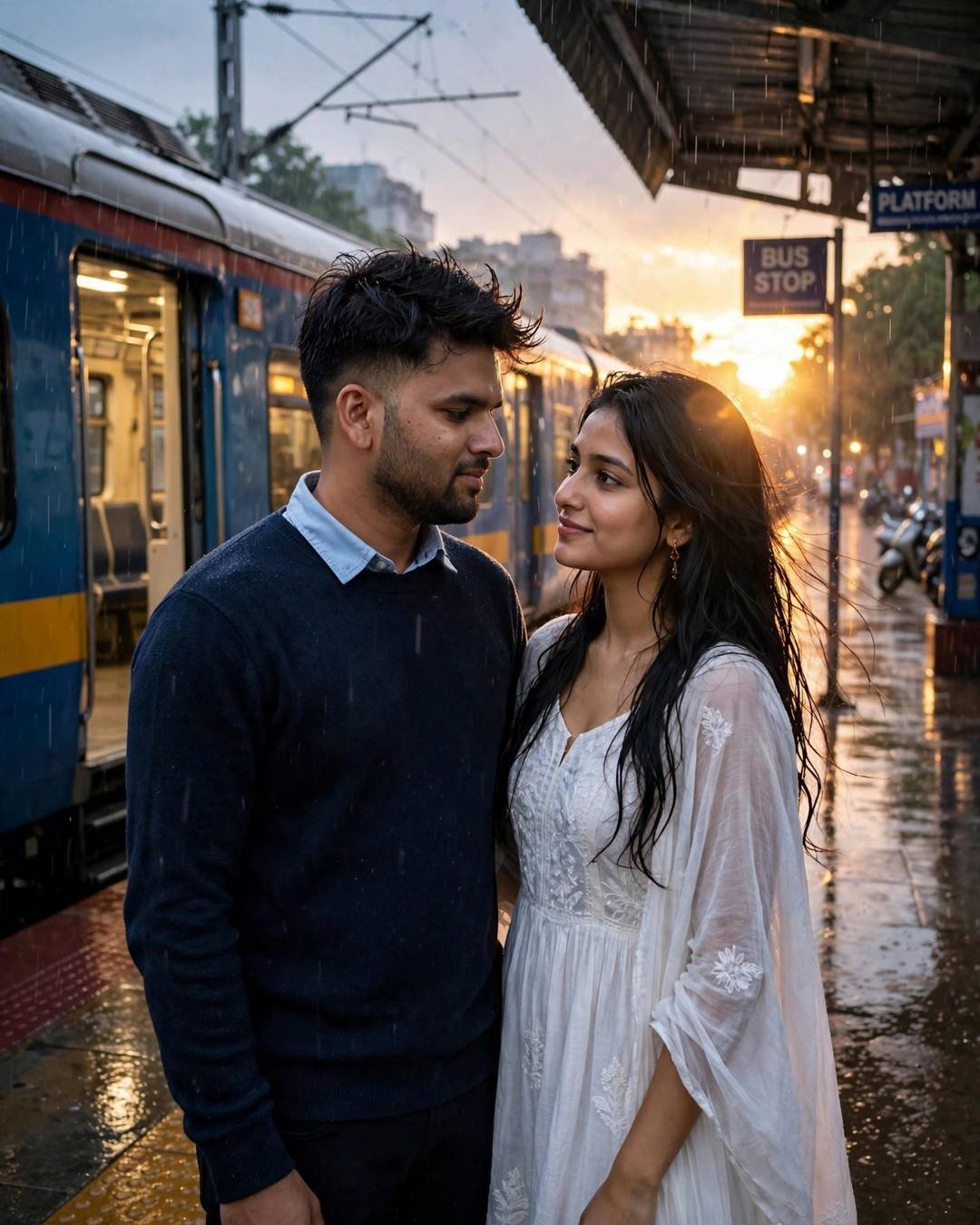 Young Indian couple embracing on a rainy railway platform beside a waiting train at blue hour