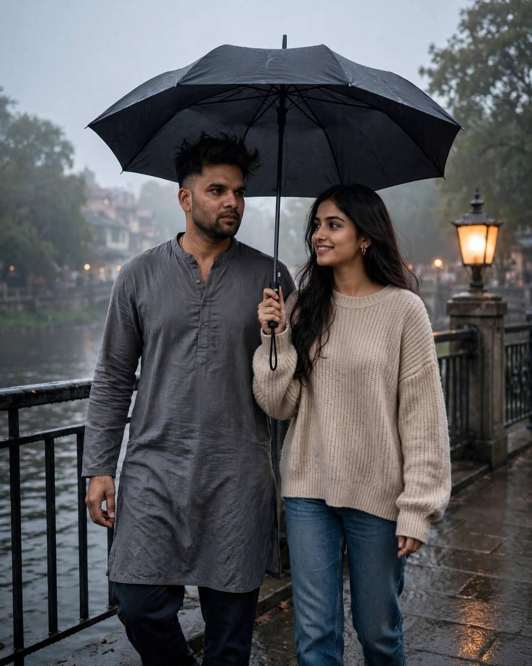 Young Indian couple sharing one umbrella on a misty bridge at dawn, shoulders touching