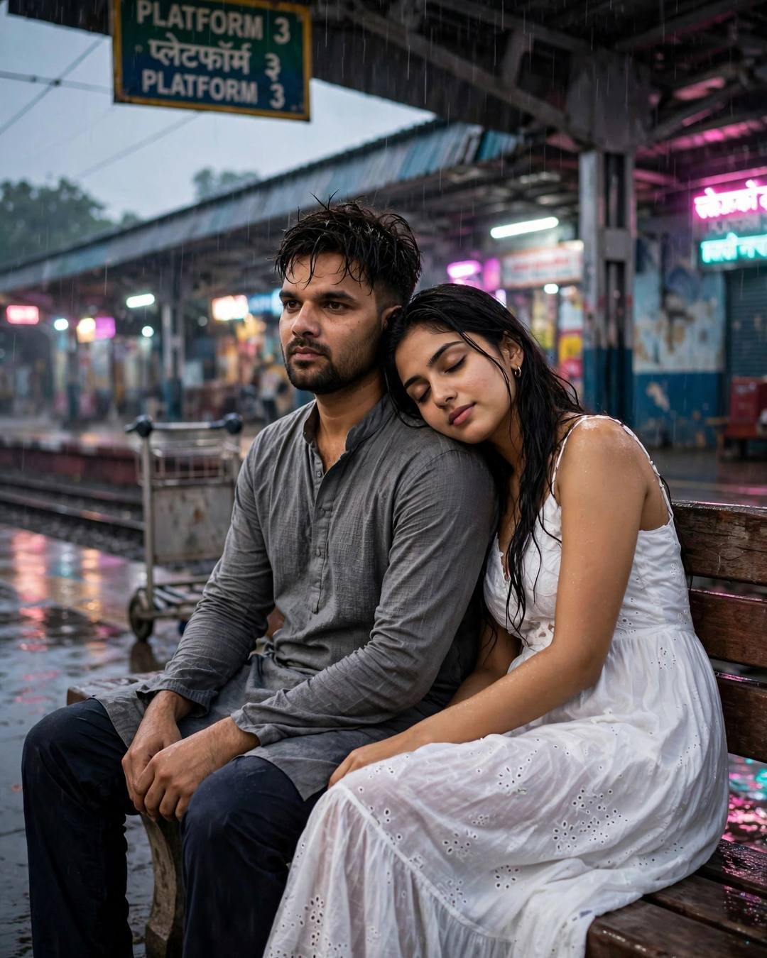 Young Indian couple sitting on a railway platform bench in the rain, woman resting head on man's shoulder, neon glow