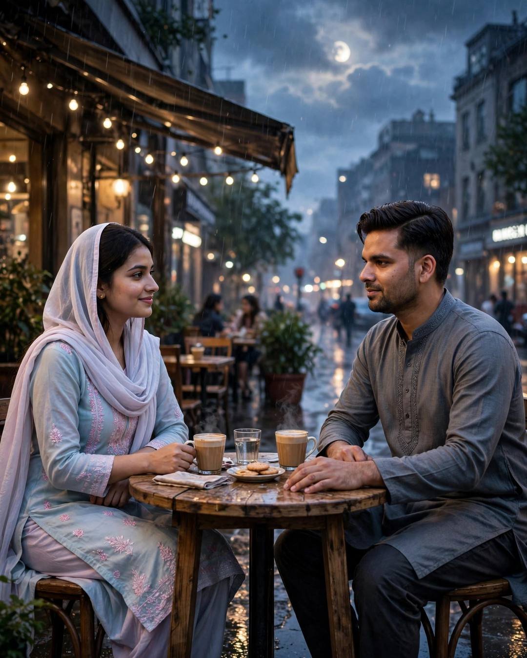 Young Indian couple sharing chai at an outdoor café table in the moonlit rain, fairy lights glowing