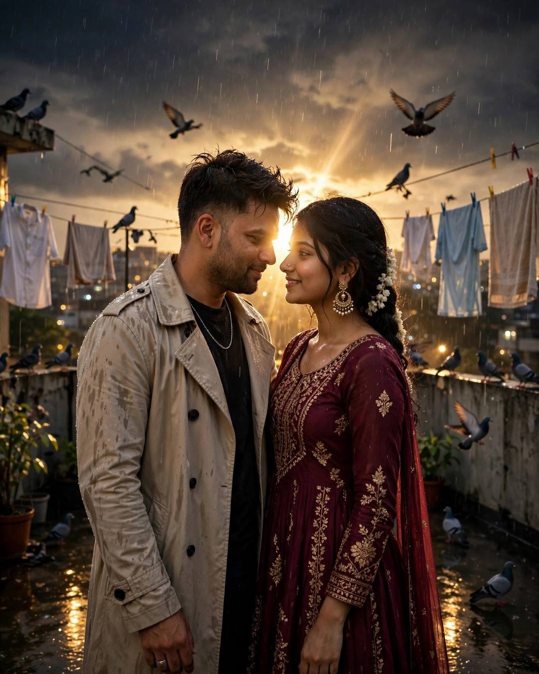 Young Indian couple forehead to forehead on a rainy terrace during a thunderstorm, sun breaking through clouds, pigeons flying