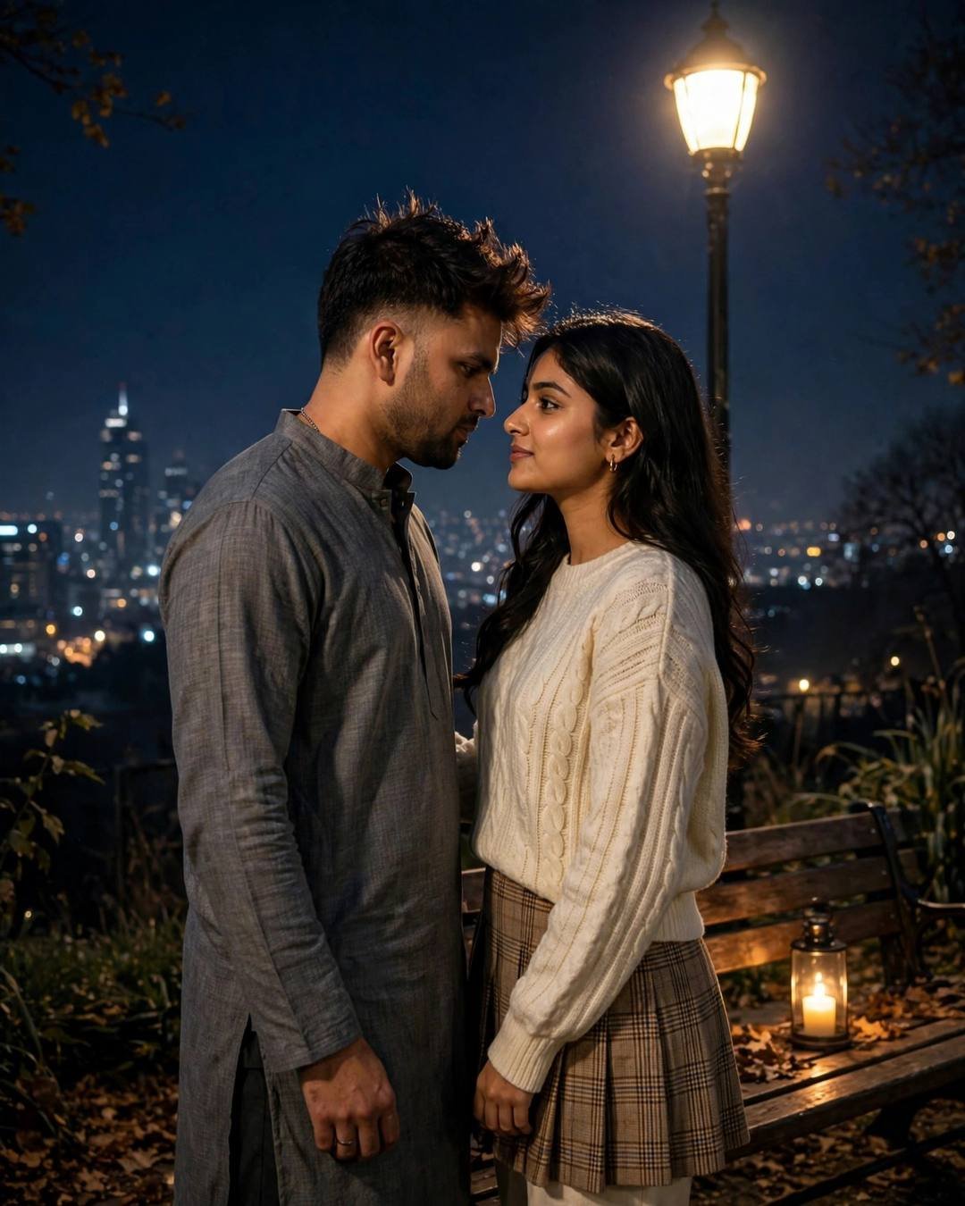 Young Indian couple standing face to face with foreheads almost touching under a park lamp at night
