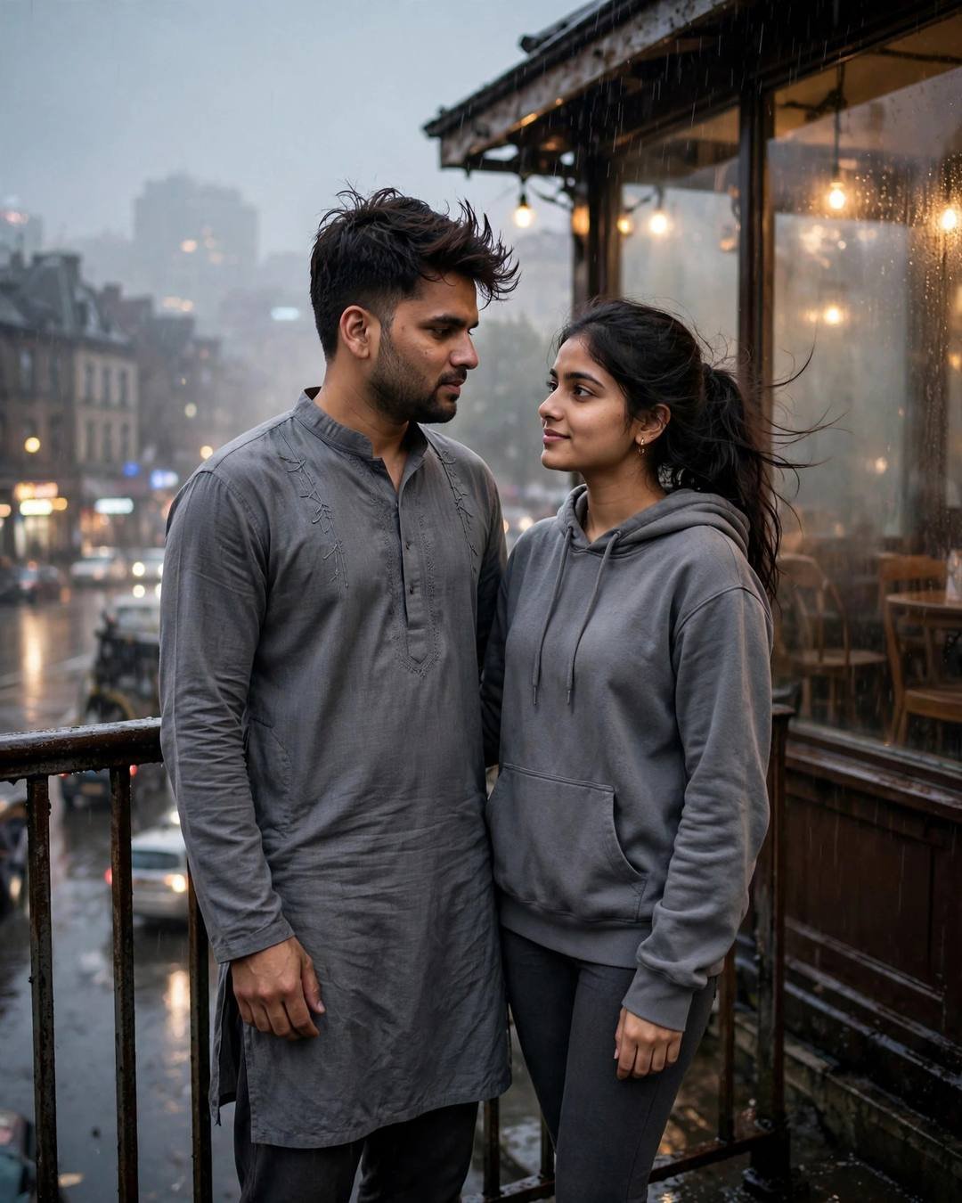 Young Indian couple standing close on a bridge beside a fogged cafe window in the rain