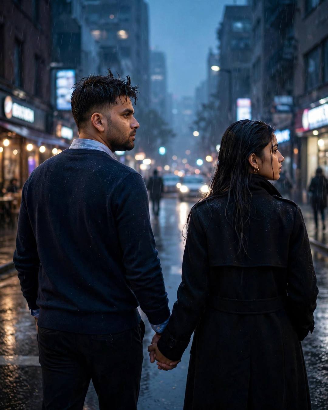 Young Indian couple walking hand in hand away from the camera down a rainy neon-lit city street