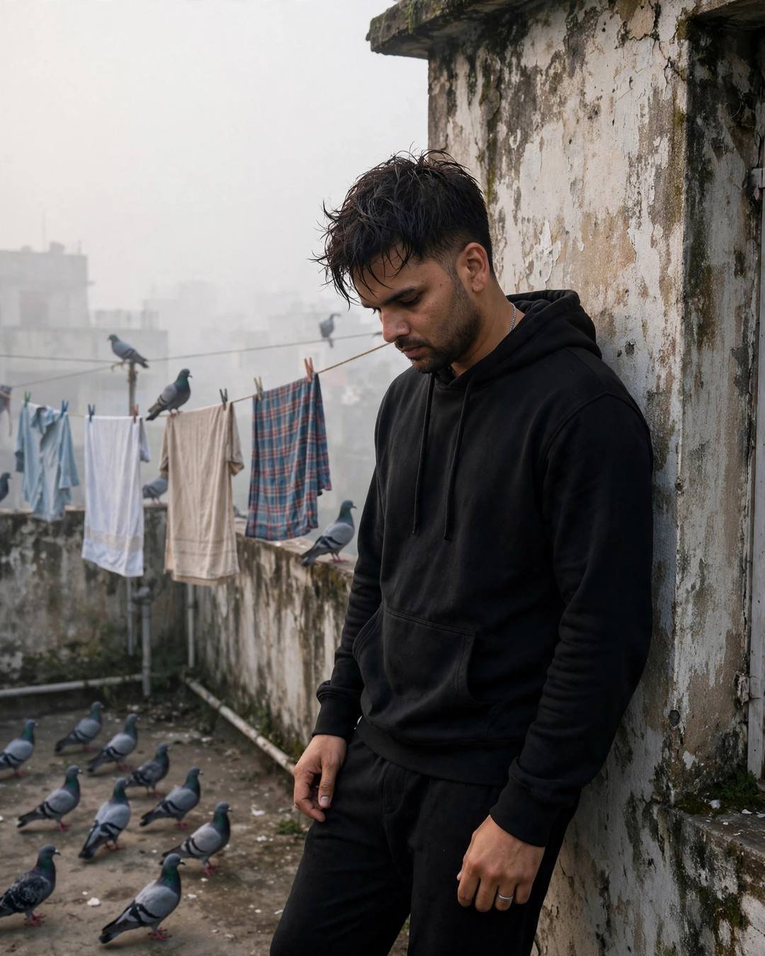 Man in all-black streetwear leaning against a weathered wall on a foggy terrace with clothes lines and pigeons, head tilted down