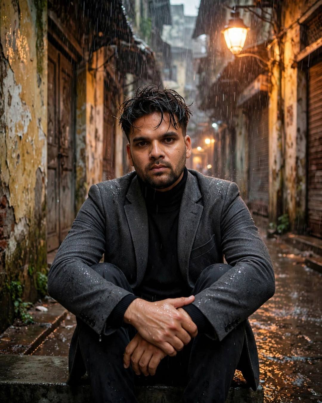 Man in a charcoal blazer and black turtleneck sitting with knees drawn up in a rainy old-city lane at night under a sodium lamp