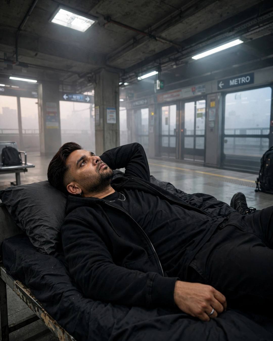 Man in all-black streetwear reclined on a bench at an empty midnight metro station, arm behind head, staring at the ceiling