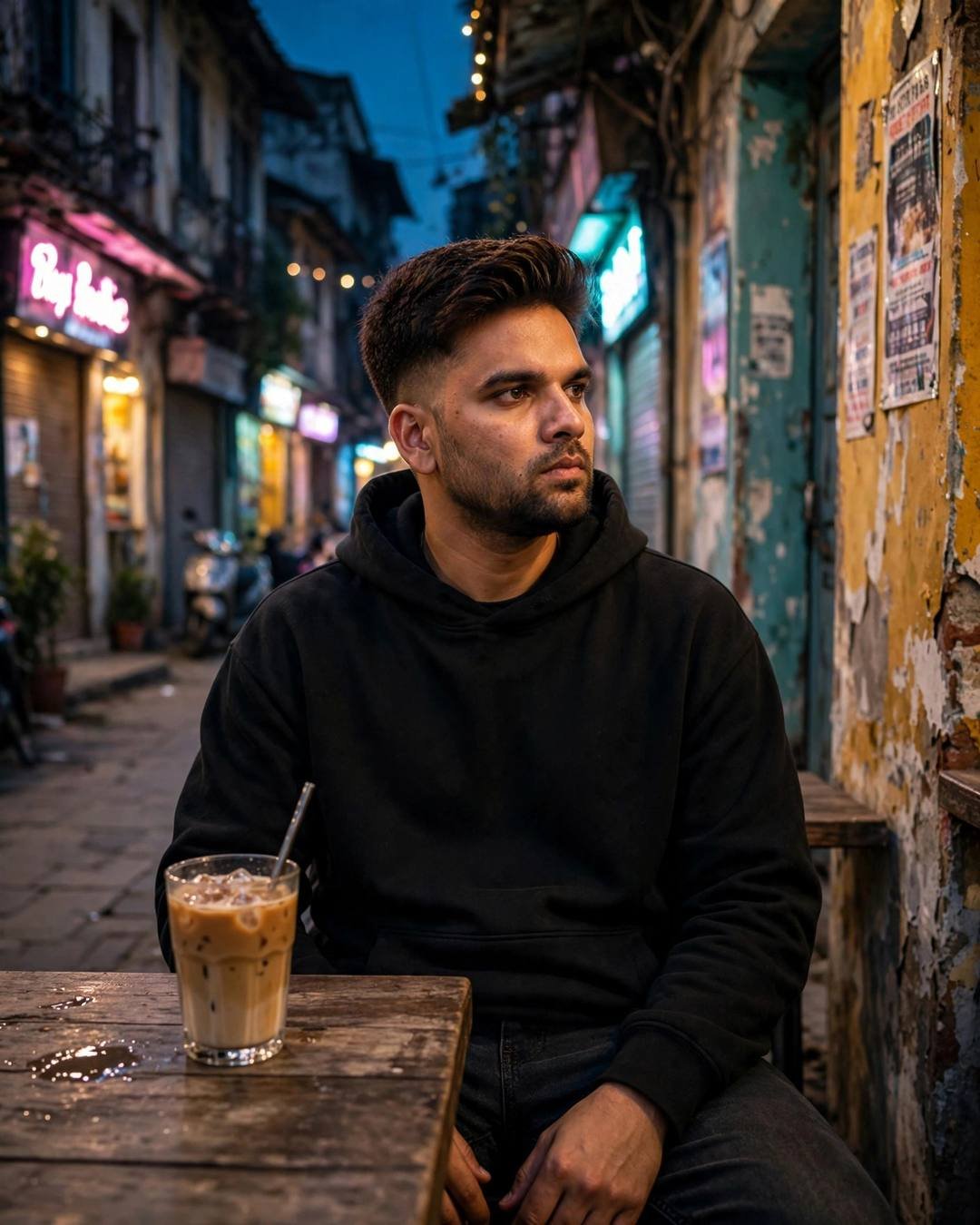 Young Indian man in a black hoodie sitting alone at a cafe table with an iced coffee in a neon-lit old-city lane at night