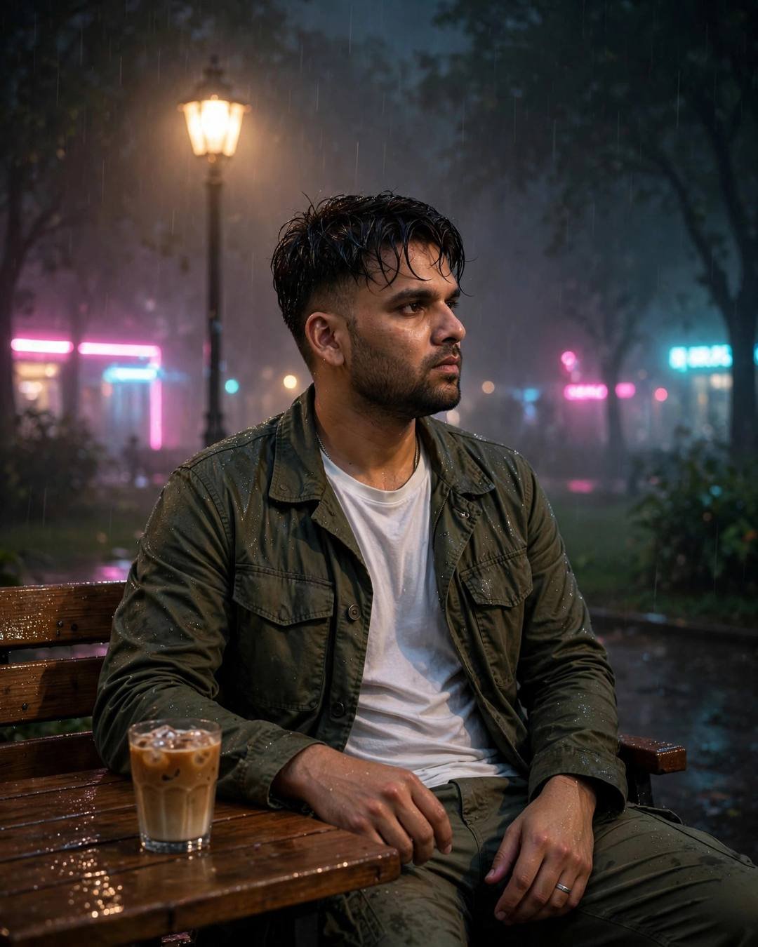 Young Indian man in an olive field jacket sitting alone on a park bench in the rain at night under a streetlamp
