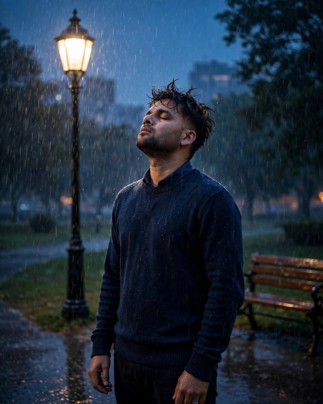 Young Indian man in a navy sweater standing under a streetlamp in heavy rain at night, face lifted to the sky