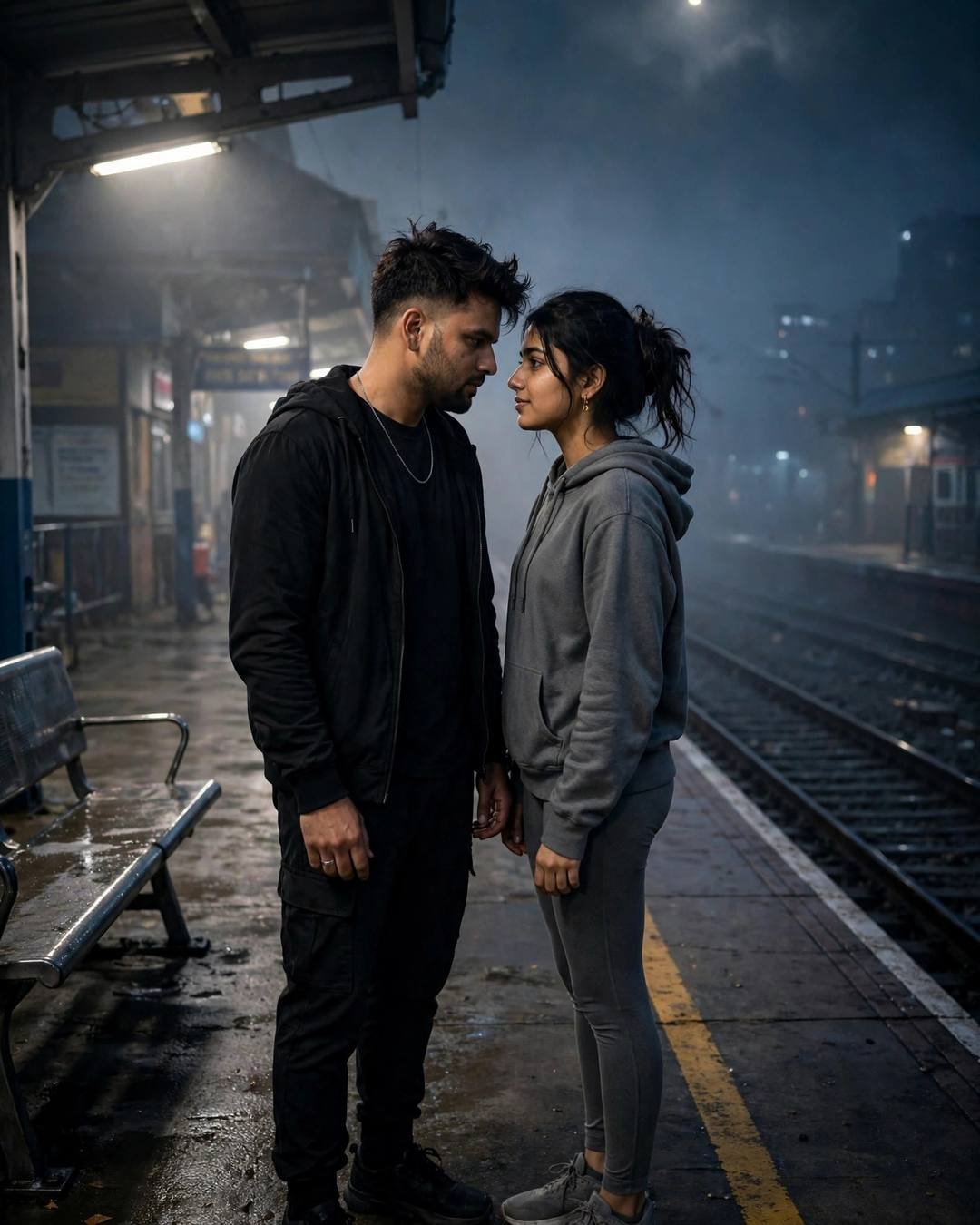 Young Indian couple standing forehead to forehead on a foggy railway platform at midnight