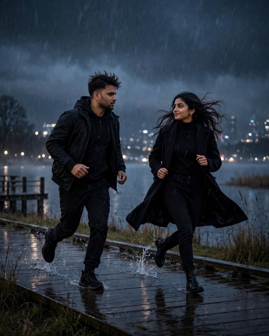 Young Indian couple running toward each other on a rain-soaked lake pier at dawn