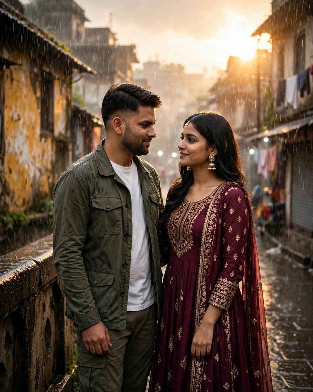 Young Indian couple in kurta and maroon anarkali sharing a look in a rainy old-city lane at golden hour