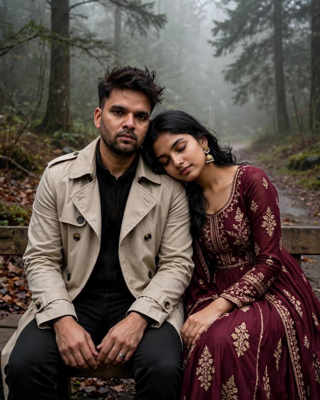 Young Indian couple sitting close on a misty forest path, her head resting on his shoulder