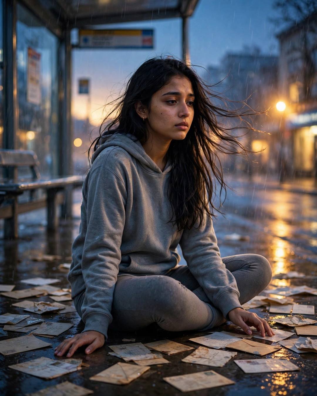 Young Indian woman in a black turtleneck and long coat sitting cross-legged among old letters at a rainy bus stop