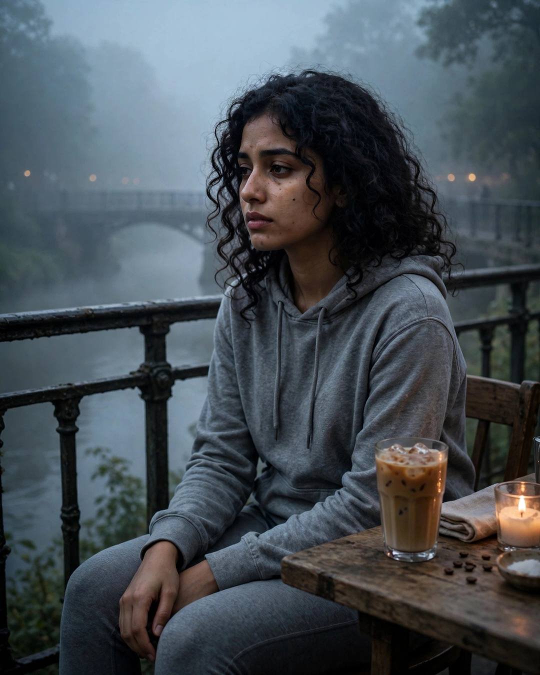 Young Indian woman in a grey hoodie sitting alone at a riverside cafe table with a candle and iced coffee in fog