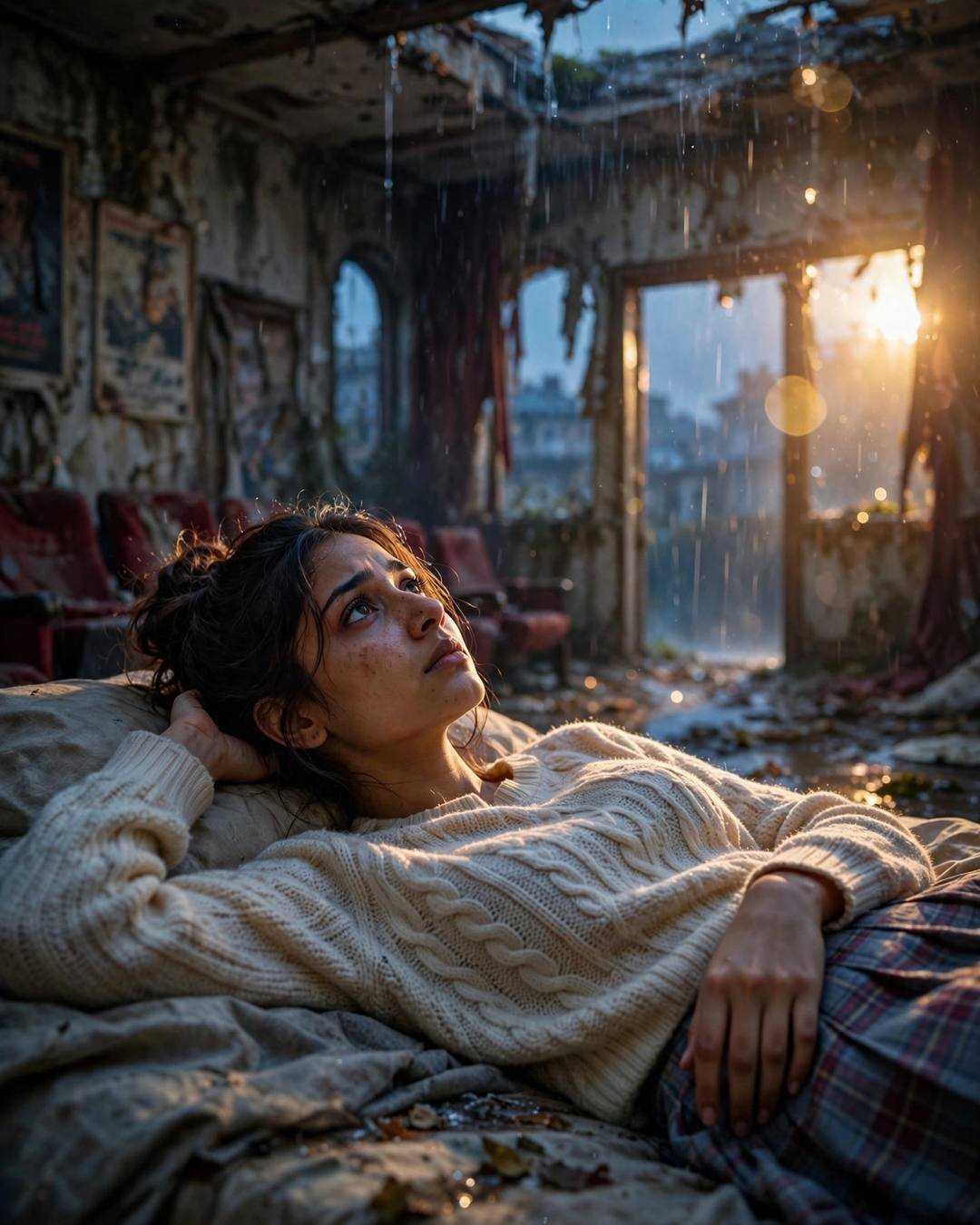 Young Indian woman in a cream knit top and plaid skirt lying alone in an abandoned cinema hall in golden backlight