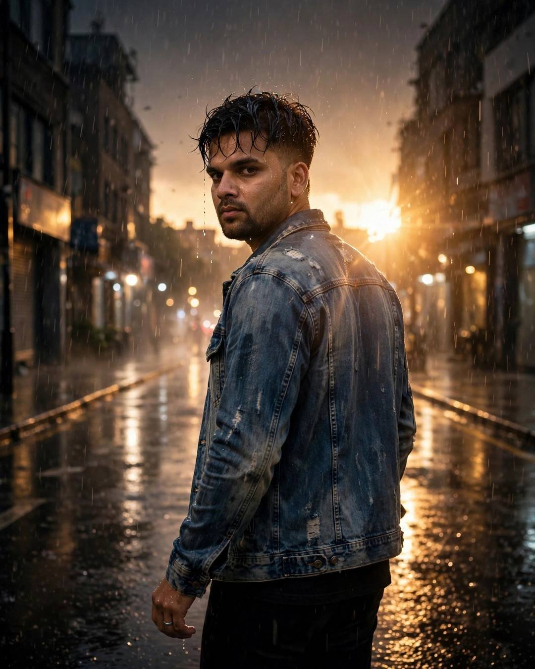 Young Indian man in distressed denim jacket looking back over his shoulder on a rainy city street at night