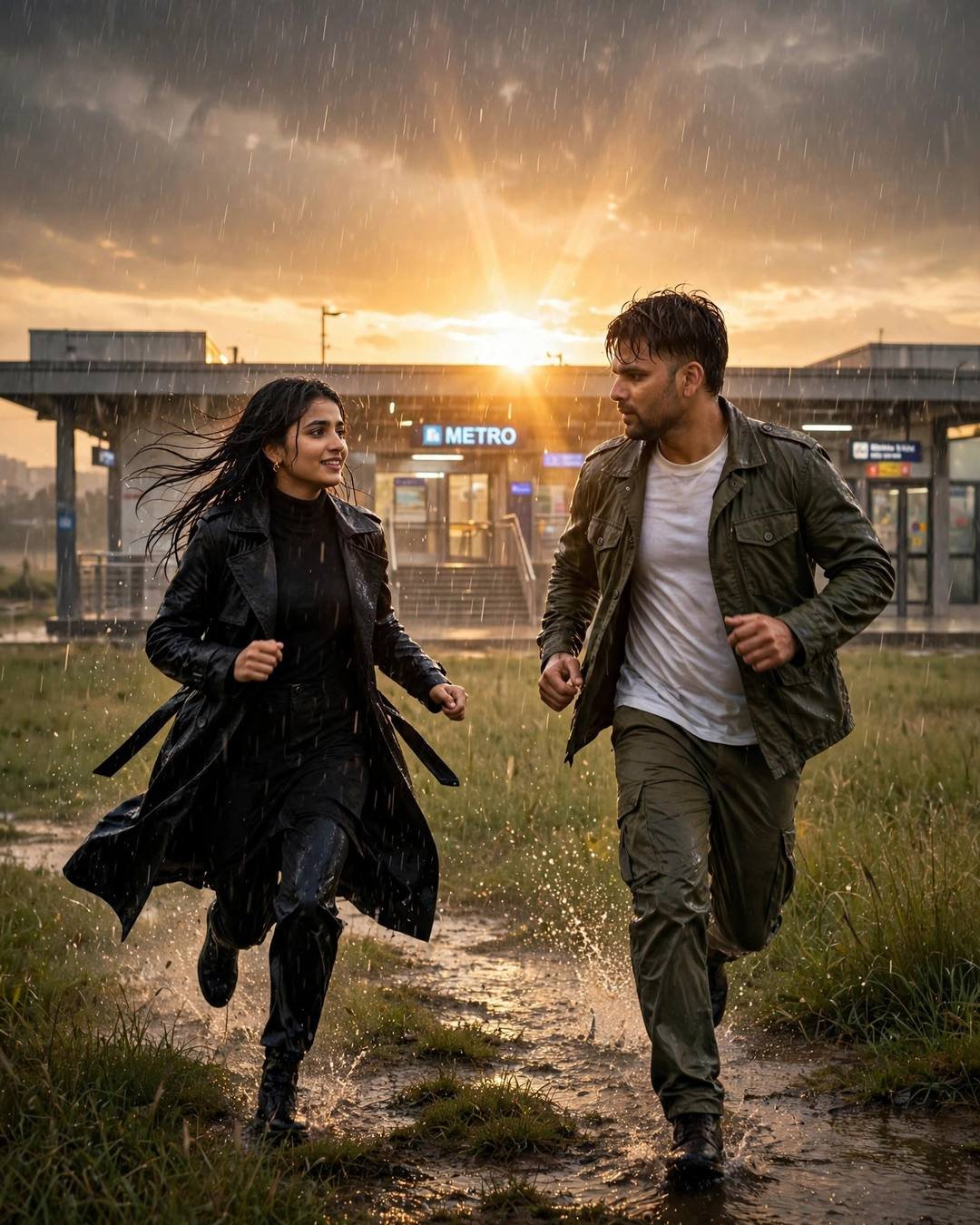Young Indian couple running toward each other at a metro station in the rain, sun breaking through storm clouds
