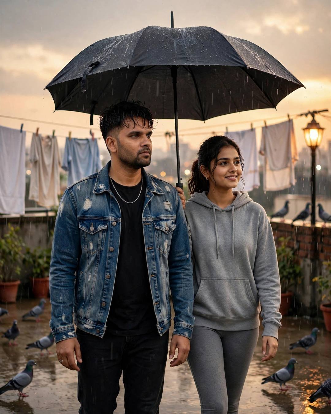 Young Indian couple walking under one umbrella on a rainy terrace at golden hour, pigeons and laundry lines around