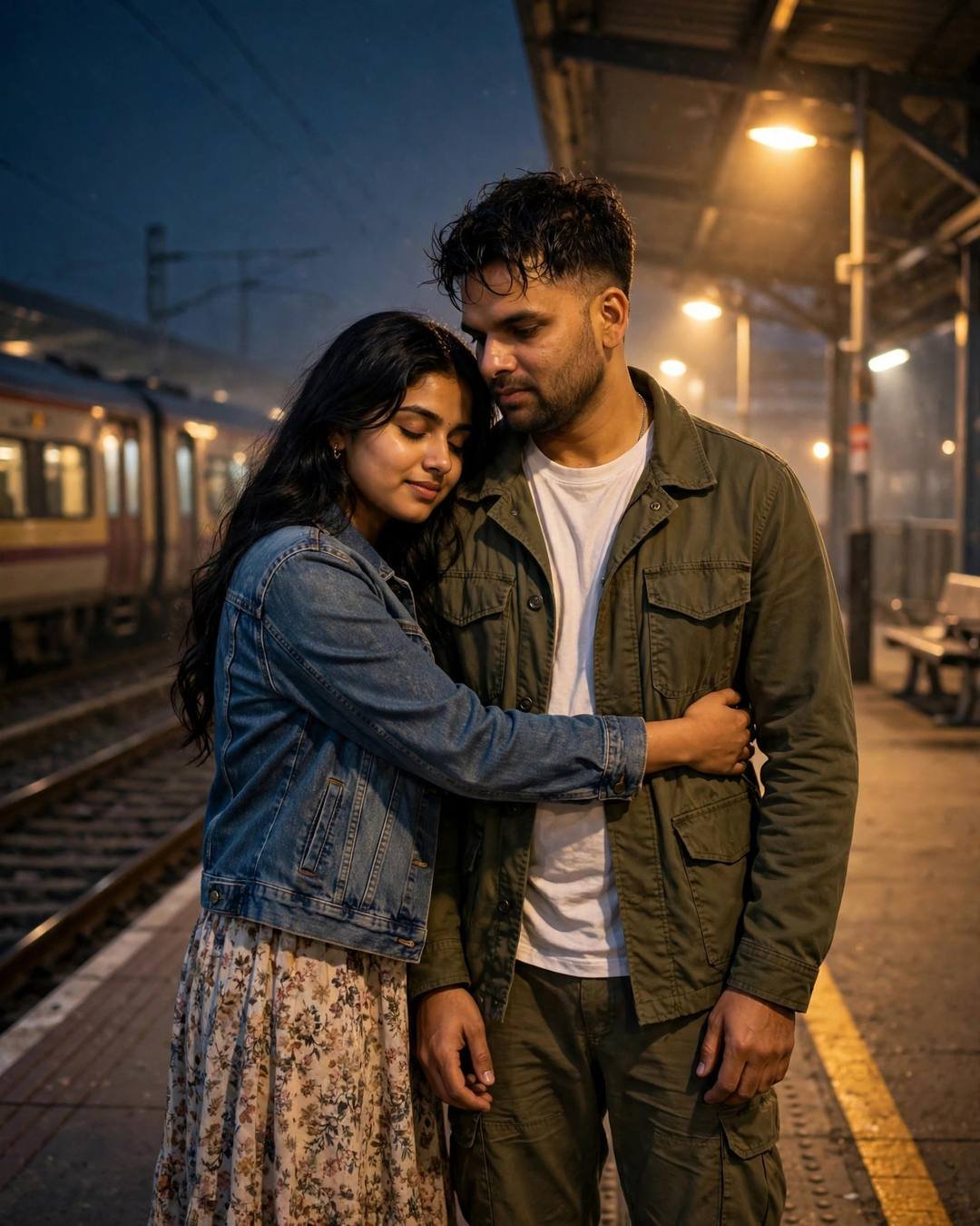 Young Indian couple hugging on a rainy railway platform at night, warm sodium light, train waiting behind