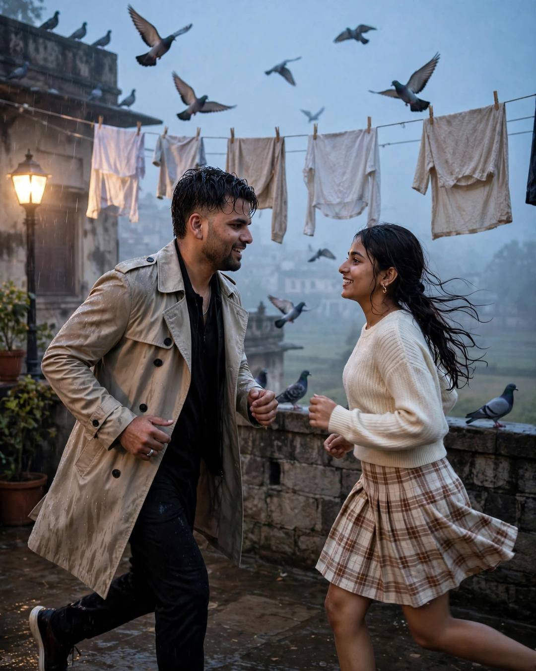 Laughing young Indian couple running on a monsoon rooftop terrace past drying clothes and flying pigeons
