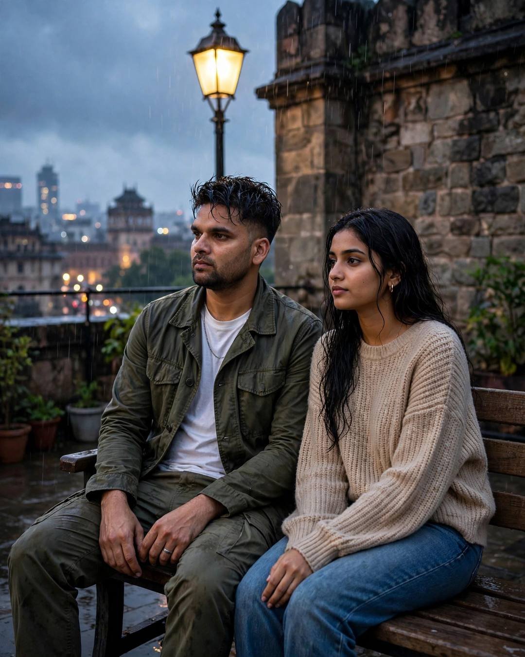 Young Indian couple sitting on a park bench under a lone lamp in the rain, man in olive field jacket, woman in beige sweater
