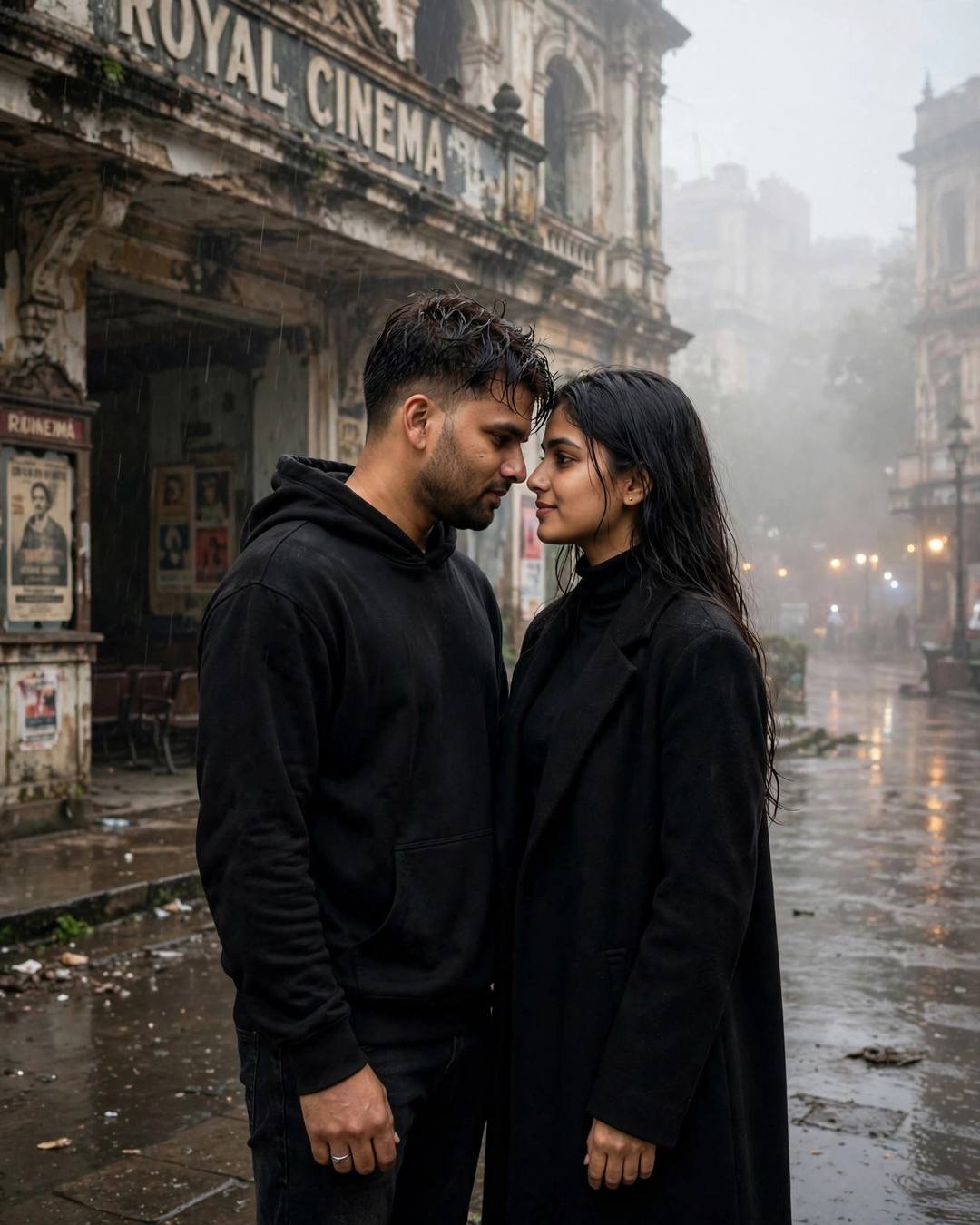 Young Indian couple standing face to face with foreheads almost touching in front of an old cinema in fog and rain
