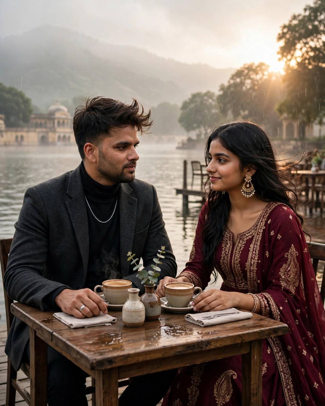 Young Indian couple sitting across a small cafe table by a lake at golden hour, man in charcoal blazer, woman in maroon anarkali