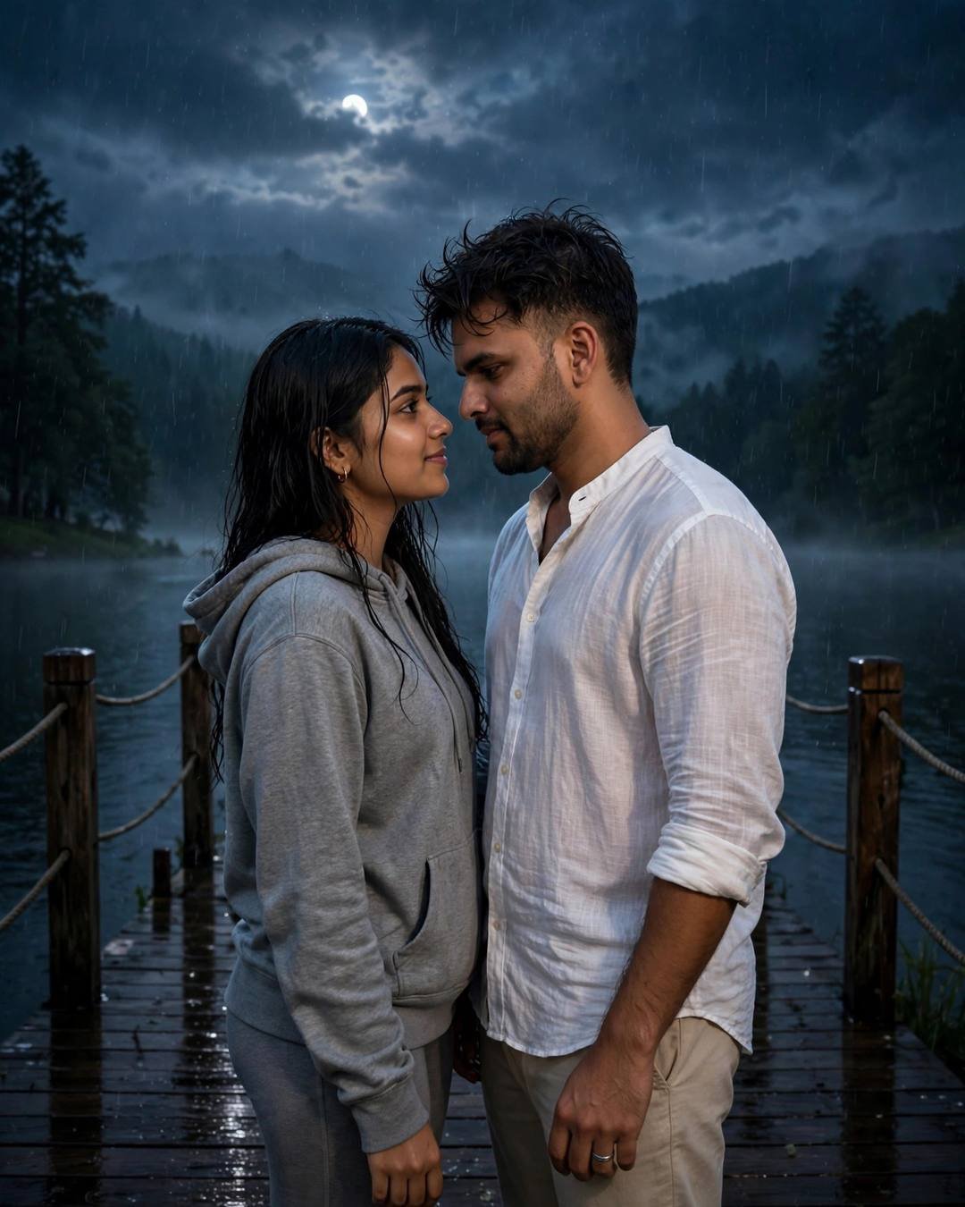 Couple face to face, foreheads almost touching, on a moonlit lake pier in light rain