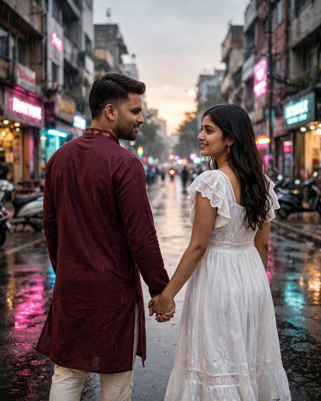Couple walking hand in hand away from camera down a neon-lit rainy street — maroon kurta and white dress