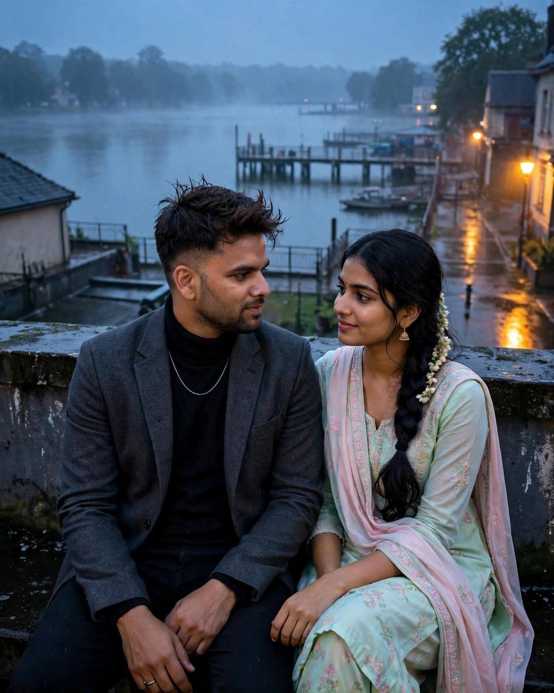 Couple seated side by side on a rooftop above a misty lake pier at dawn, sharing silence
