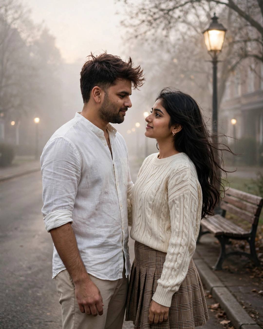 Couple standing close under a streetlamp in fog — white linen shirt and cream knit top, about to dance