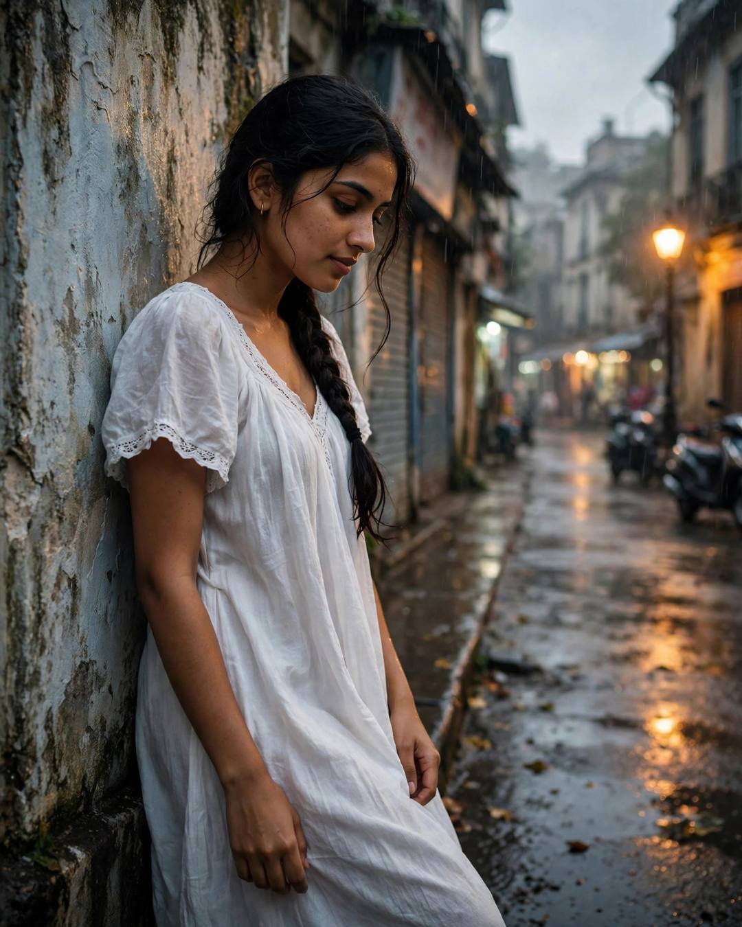 Young Indian woman in a white summer dress leaning against a weathered wall on a rainy street at golden hour