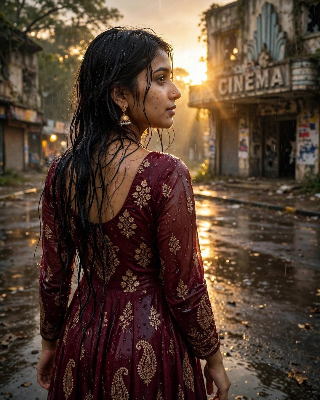 Young Indian woman in maroon anarkali with wet hair, back to camera, looking over her shoulder at a dead cinema hall