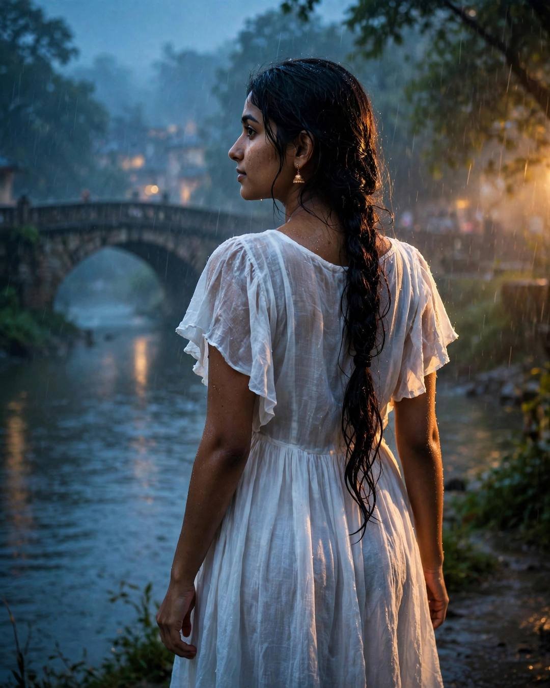 Young Indian woman in white dress with long braid, back to camera, holding a folded letter on a rainy bridge