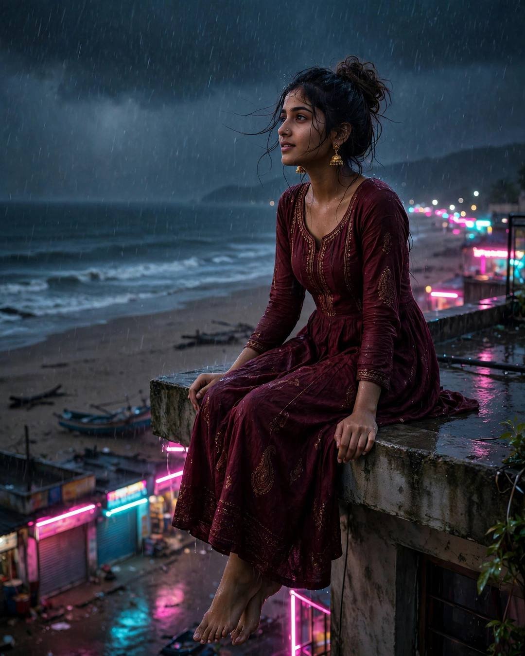 Young Indian woman in maroon anarkali on a rooftop ledge above a rainy beach at night, neon lights below