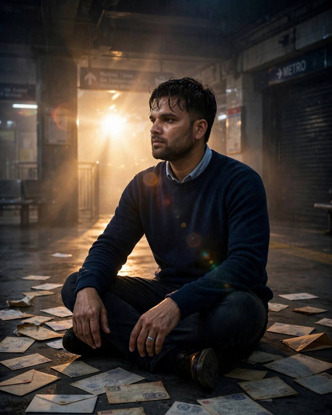 Alone / Solitude AI portrait — Sitting cross-legged on warm sand dunes as, navy sweater over collared shirt, damp rain-wet hair, sitting cross-legged on the floor surrounded by old letters at midnight metro station